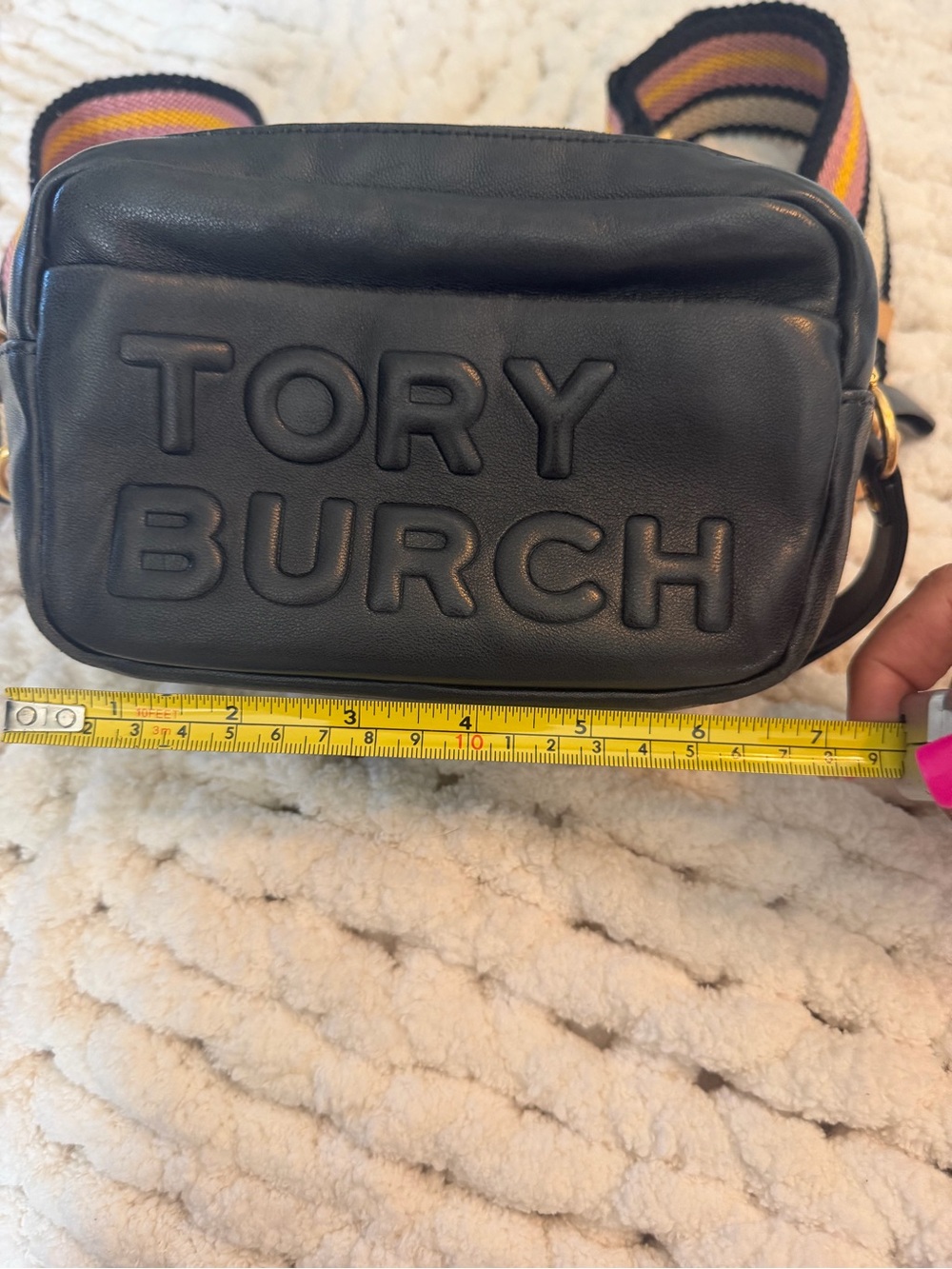 Tory Burch Black Leather Crossbody Bag with Guitar Striped Strap